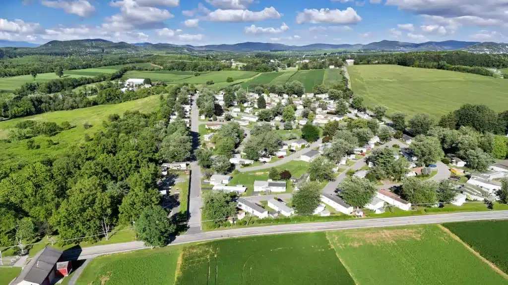 Expansive rural Lehigh Valley manufactured home community surrounded by farmland and mountains