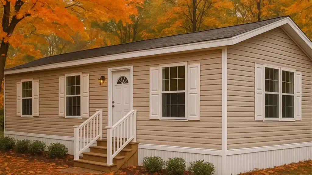 manufactured home inspection checklist with autumn leaves and clear skirting.