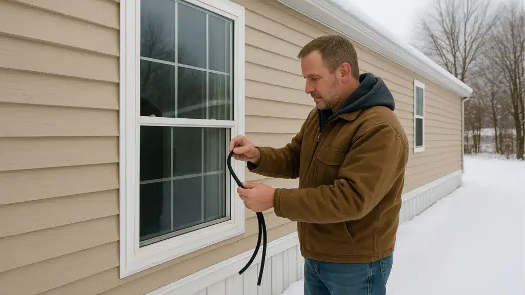 Homeowner sealing windows and inspecting skirting before winter.