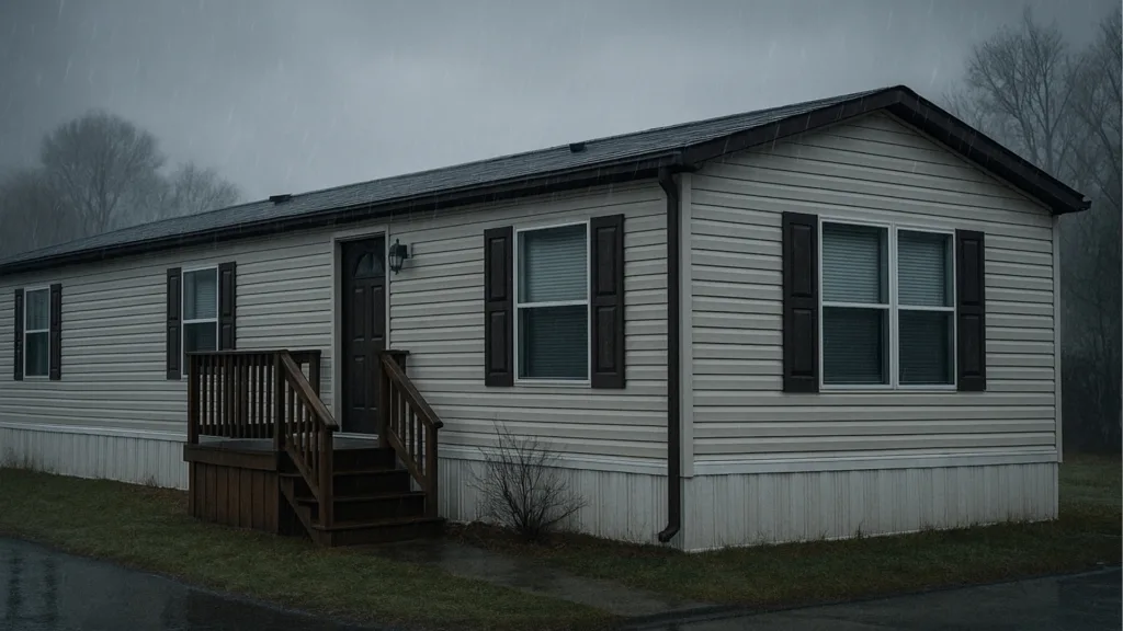 Steel tie-down straps securing a manufactured home to its foundation.